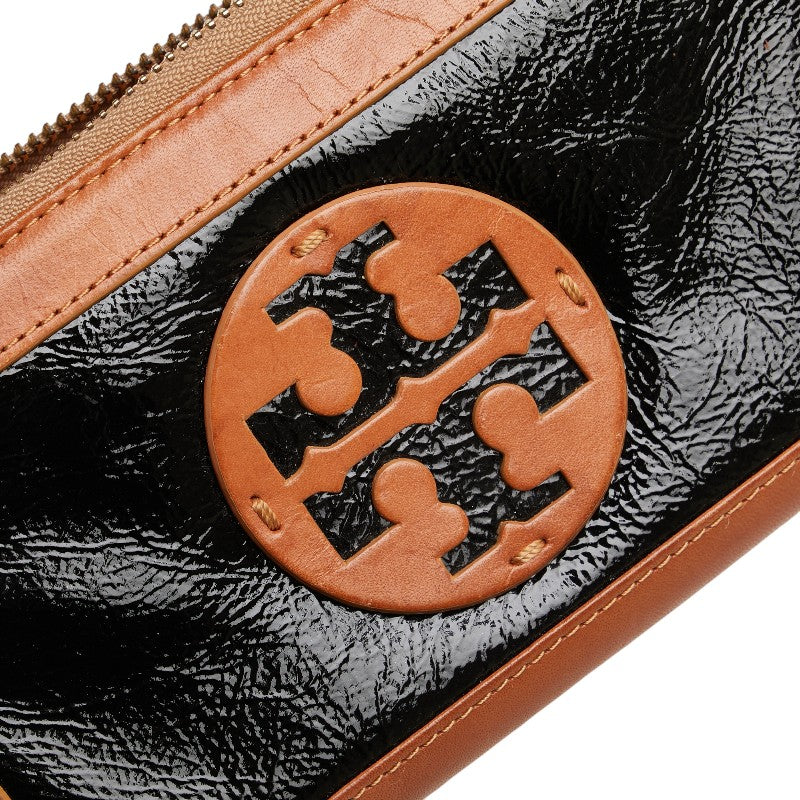 トリーバーチ L字ファスナー 長財布 ブラウン ブラック エナメル レザー レディース Tory Burch 【中古】