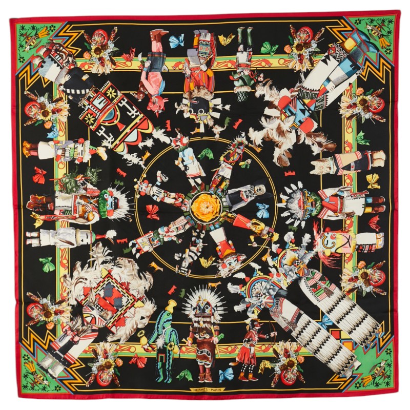 エルメス カレ90 Kachinas カチナ民族 スカーフ ブラック レッド シルク レディース HERMES 【中古】