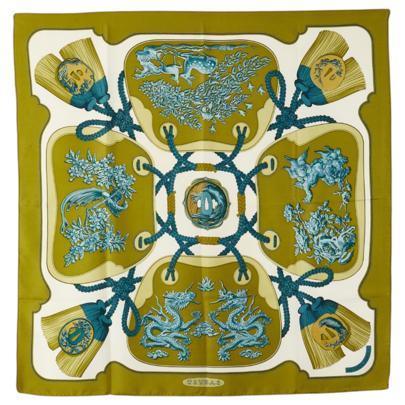 エルメス カレ90 TSUBAS 鍔 スカーフ グリーン ホワイト マルチカラー シルク レディース HERMES 【中古】