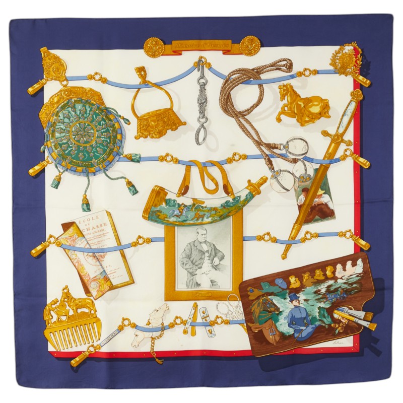 エルメス カレ90 Memoire d'Hermes エルメスの思い出 スカーフ ネイビー ホワイト マルチカラー シルク レディース HERMES 【中古】