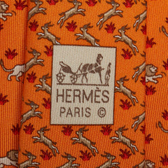 エルメス ライオン 鹿 モチーフ ネクタイ オレンジ レッド ベージュ シルク メンズ HERMES 【中古】