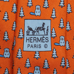 エルメス 木 植物 ビーバー ネクタイ オレンジ ブルー シルク メンズ HERMES 【中古】