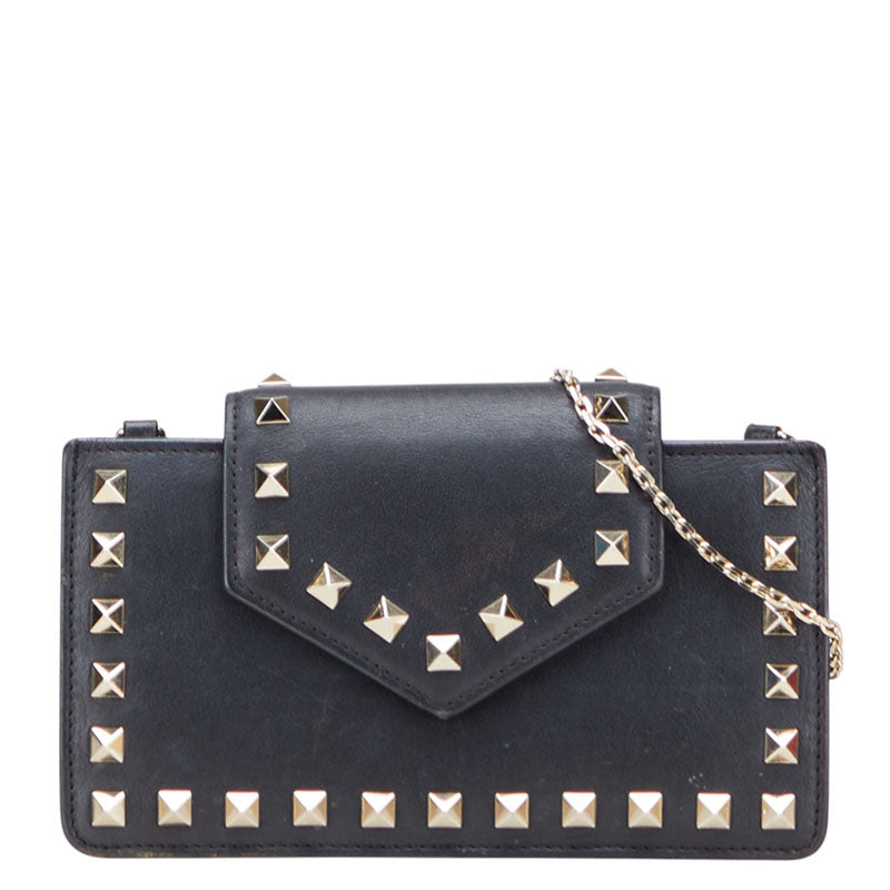 ヴァレンティノ ロックスタッズ チェーン ショルダーバッグ ブラック レザー レディース VALENTINO 【中古】