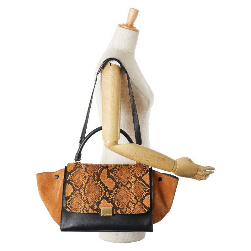 セリーヌ トラペーズ ハンドバッグ ショルダーバッグ 2WAY ブラック ブラウン レザー パイソン レディース CELINE 【中古】