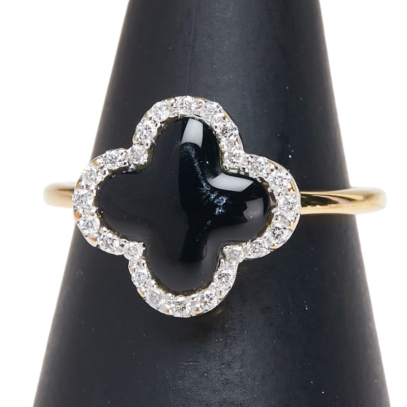 K18YG イエローゴールド オニキス0.91ct ダイヤ0.12ct クローバー モチーフ リング 指輪 レディース 7.5号 【中古】