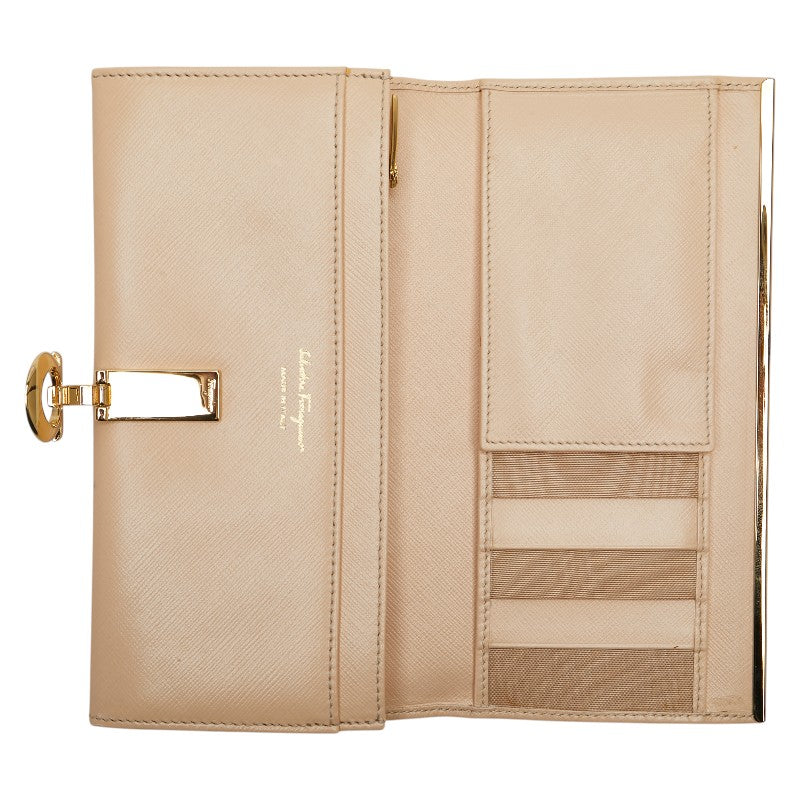 サルヴァトーレフェラガモ ガンチーニ 長財布 ベージュ ゴールド レザー レディース Salvatore Ferragamo 【中古】