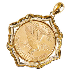 K21.6 ゴールド K18YG イエローゴールド ダイヤ0.28ct アメリカ ヤングインディアン 10ドル 金貨 ペンダントトップ レディース 【中古】