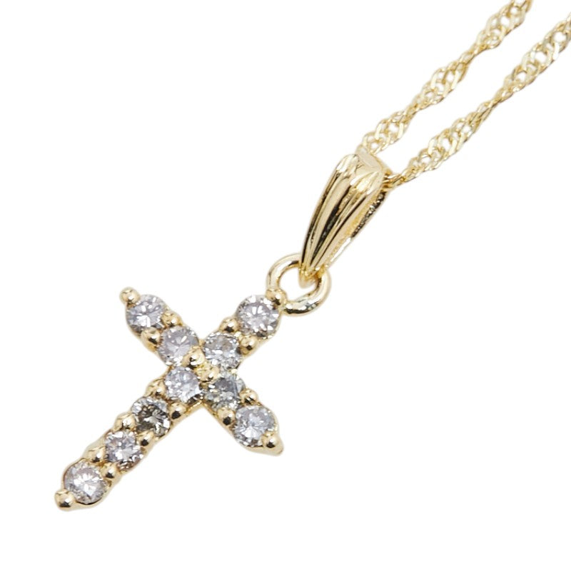 K18YG イエローゴールド ダイヤ0.15ct クロス 十字架 モチーフ ネックレス レディース 【中古】