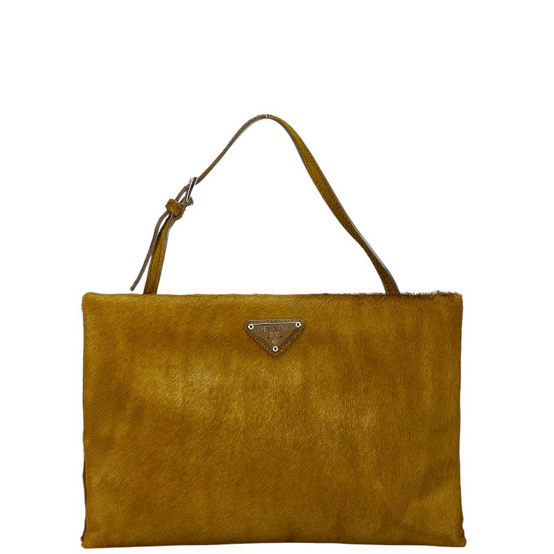 プラダ 三角ロゴプレート CAVALLINO ハンドバッグ B6278 カーキグリーン ハラコ レザー レディース PRADA 【中古】