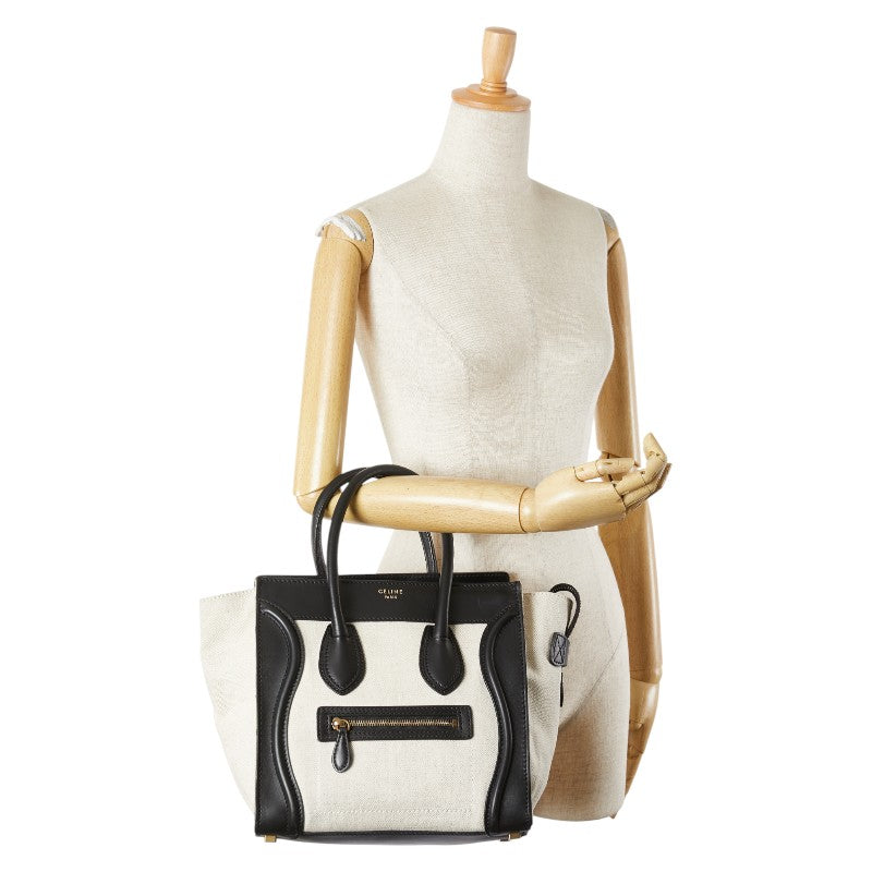 セリーヌ ラゲージ マイクロショッパー ハンドバッグ ブラック ホワイト キャンバス レザー レディース CELINE 【中古】