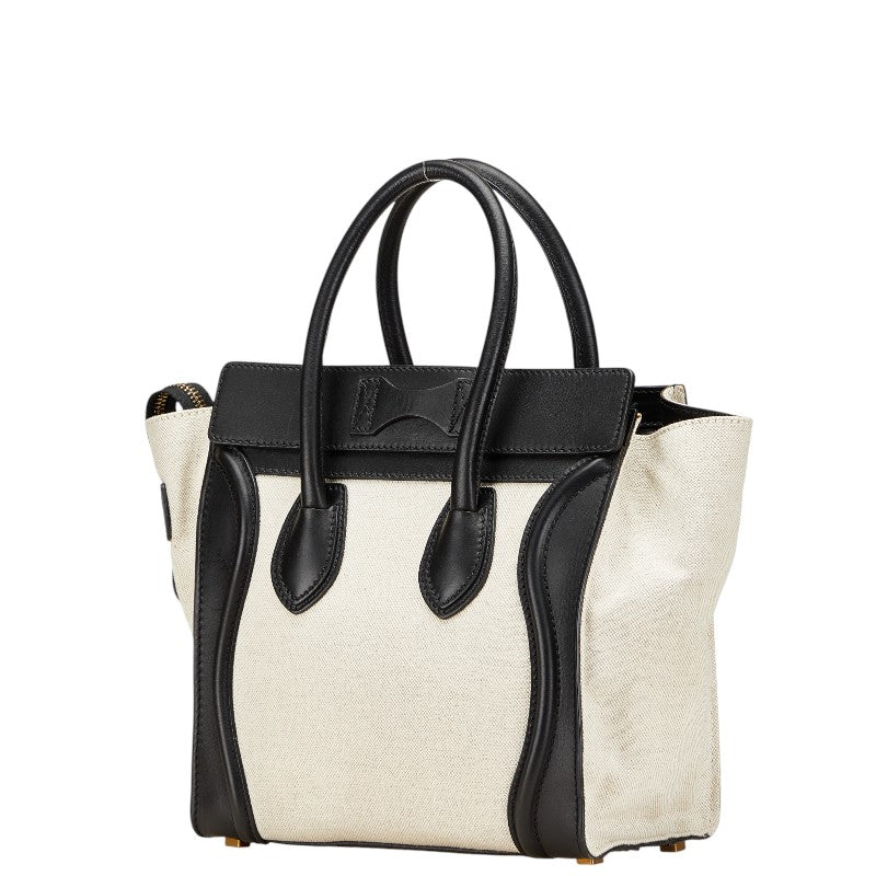 セリーヌ ラゲージ マイクロショッパー ハンドバッグ ブラック ホワイト キャンバス レザー レディース CELINE 【中古】