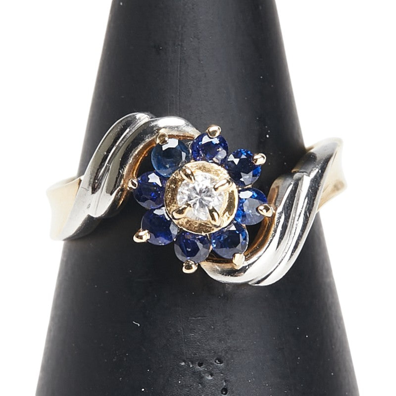 K18YG イエローゴールド Pt900 プラチナ コンビ サファイア0.54ct ダイヤ0.10ct 花 フラワー モチーフ リング 指輪 レディース 11号 【中古】