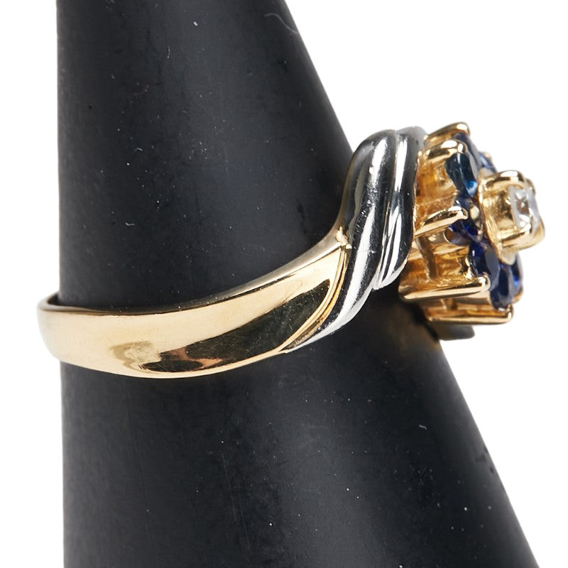 K18YG イエローゴールド Pt900 プラチナ コンビ サファイア0.54ct ダイヤ0.10ct 花 フラワー モチーフ リング 指輪 レディース 11号 【中古】