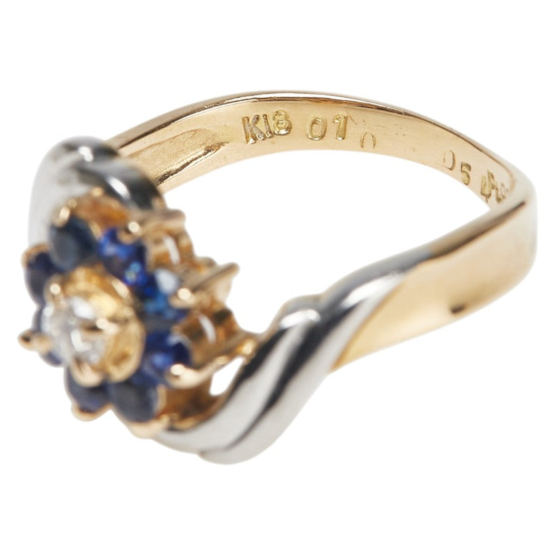 K18YG イエローゴールド Pt900 プラチナ コンビ サファイア0.54ct ダイヤ0.10ct 花 フラワー モチーフ リング 指輪 レディース 11号 【中古】