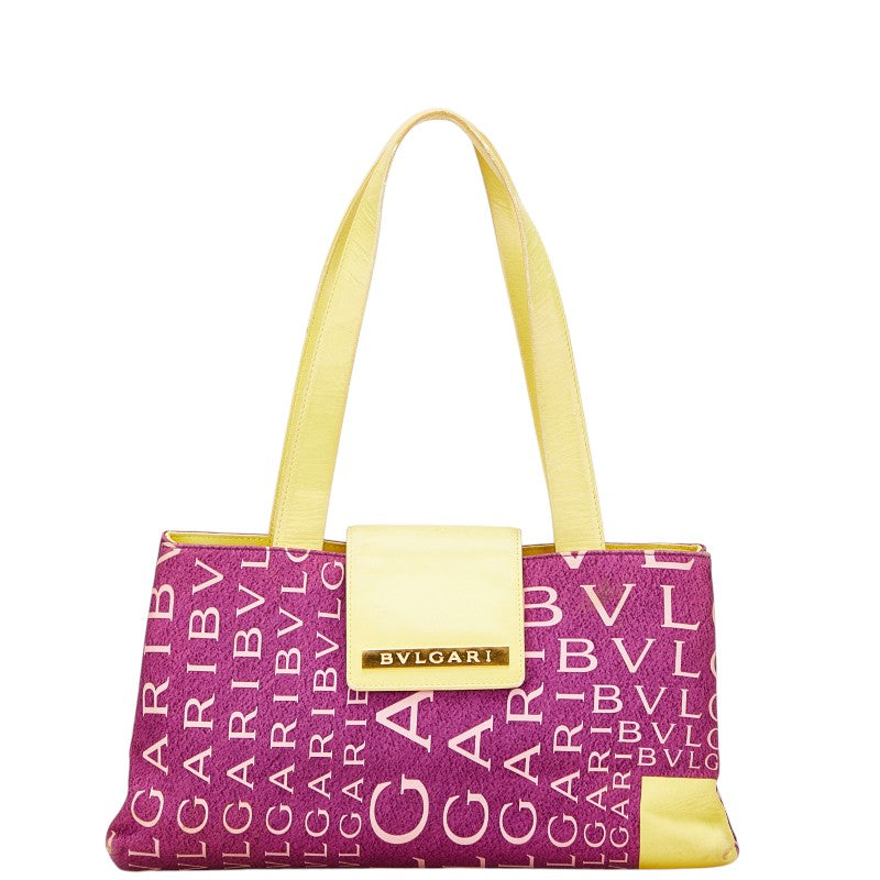 ブルガリ ロゴマニア トートバッグ パープル イエロー ナイロン レザー レディース BVLGARI 【中古】