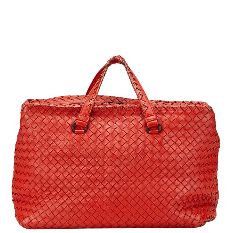 ボッテガヴェネタ イントレチャート パイソン型押し ボストンバッグ レッド レザー レディース BOTTEGAVENETA 【中古】