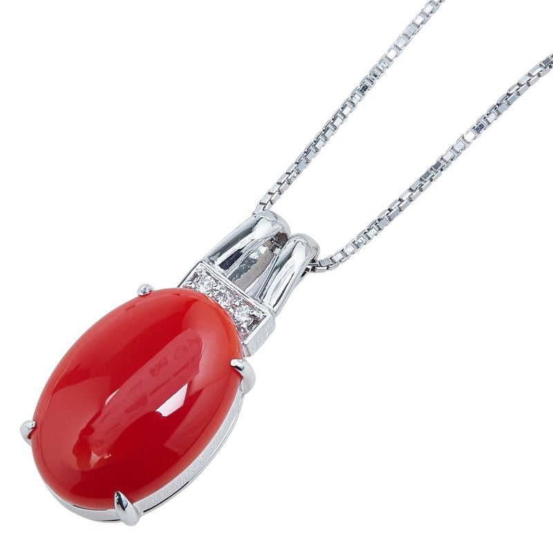 Pt900 プラチナ Pt850 プラチナ サンゴ ダイヤ0.06ct ペンダントネックレス レディース 【中古】
