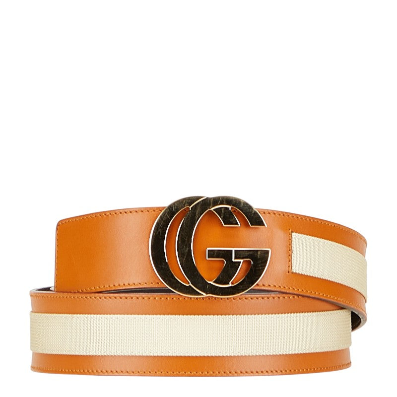 グッチ インターロッキングG ベルト 74053 ブラウン ベージュ レザー キャンバス レディース GUCCI 【中古】