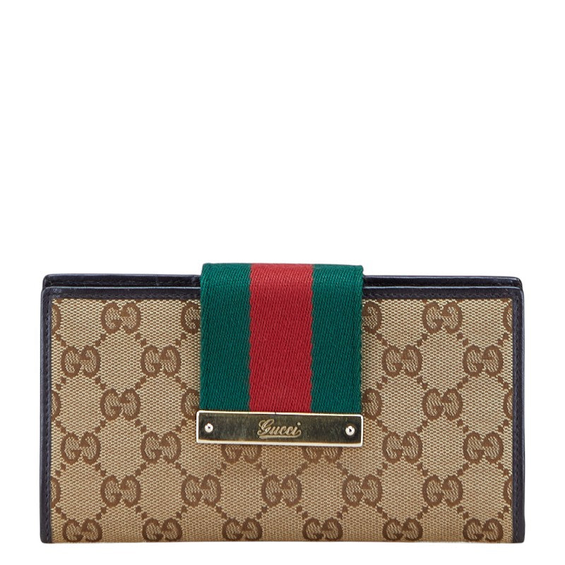 グッチ GGキャンバス ウェビング シェリーライン 長財布 181672 ブラウン キャンバス レザー レディース GUCCI 【中古】