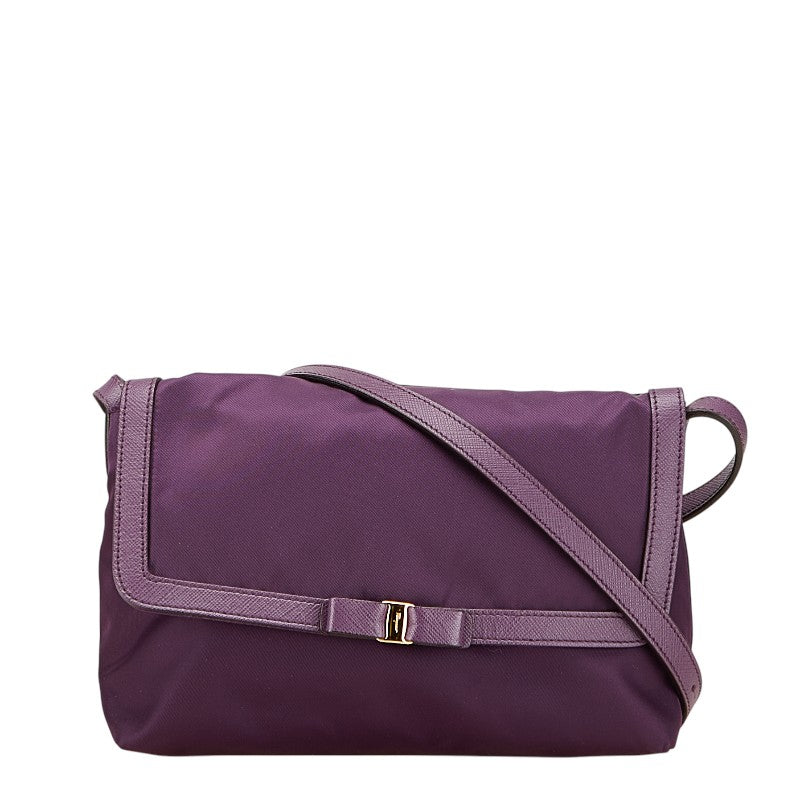 サルヴァトーレフェラガモ ヴァラリボン ショルダーバッグ パープル ナイロン レザー レディース Salvatore Ferragamo 【中古】