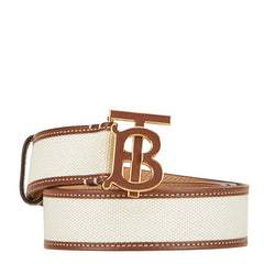 バーバリー TBロゴ ベルト サイズ：L ホワイト ブラウン キャンバス レザー レディース BURBERRY 【中古】