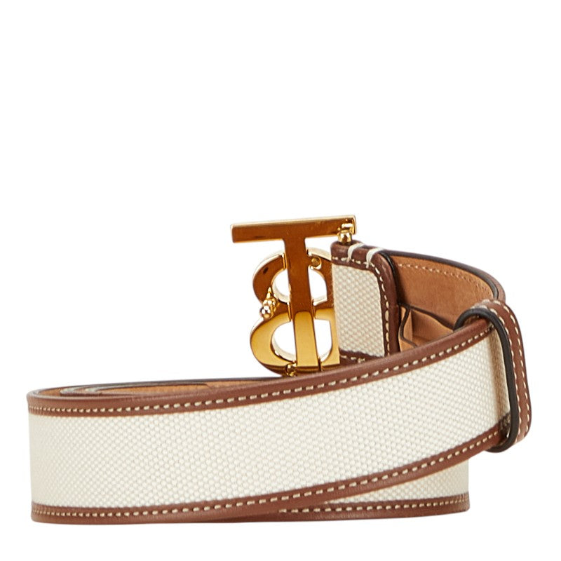 バーバリー TBロゴ ベルト サイズ：L ホワイト ブラウン キャンバス レザー レディース BURBERRY 【中古】