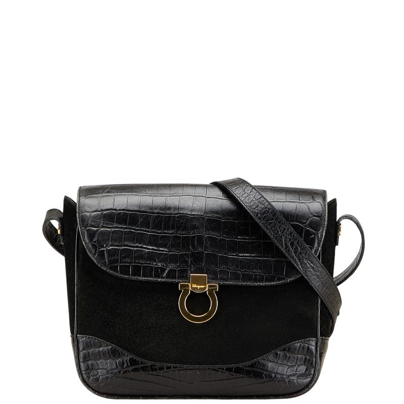 サルヴァトーレフェラガモ ガンチーニ ショルダーバッグ ブラック レザー スウェット レディース Salvatore Ferragamo 【中古】