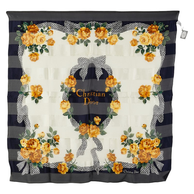 ディオール 花 フラワー モチーフ スカーフ ブラック ホワイト マルチカラー シルク レディース Dior 【中古】