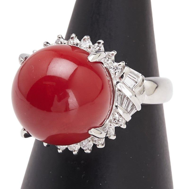 Pt900 プラチナ 赤サンゴ13.2mm ダイヤ0.43ct リング 指輪 レディース 11号 【中古】