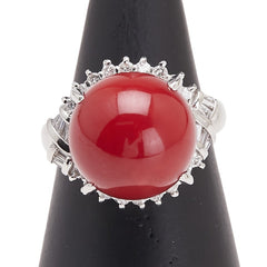 Pt900 プラチナ 赤サンゴ13.2mm ダイヤ0.43ct リング 指輪 レディース 11号 【中古】