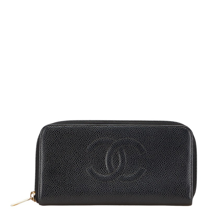 シャネル ココマーク ラウンドファスナー 長財布 ブラック キャビアスキン レディース CHANEL 【中古】