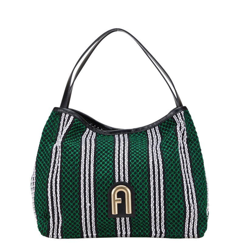 フルラ ストライプロープ プリムラ Primula ホーボーバッグ トートバッグ ハンドバッグ グリーン ブラック ホワイト レザー メッシュ レディース Furla 【中古】
