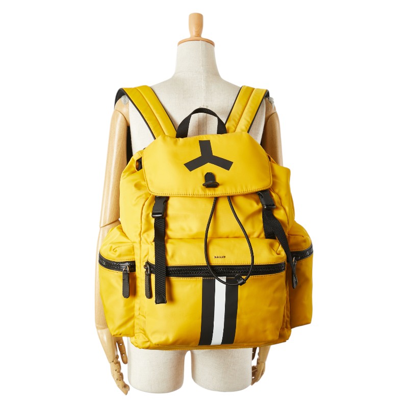 バリー Crew リュック バックパック イエロー ブラック ナイロン レザー レディース BALLY 【中古】