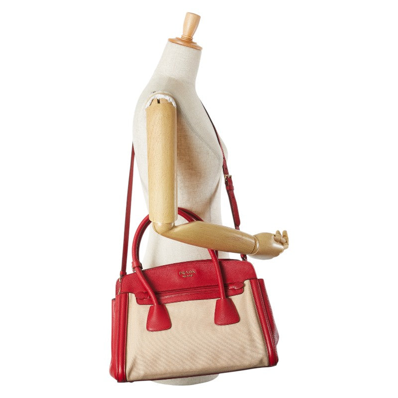 プラダ ハンドバッグ ショルダーバッグ 2WAY BN2595 ベージュ レッド キャンバス サフィアーノレザー レディース PRADA 【中古】