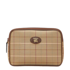 バーバリー チェック クラッチバッグ カーキグリーン ブラウン キャンバス レザー レディース BURBERRY 【中古】
