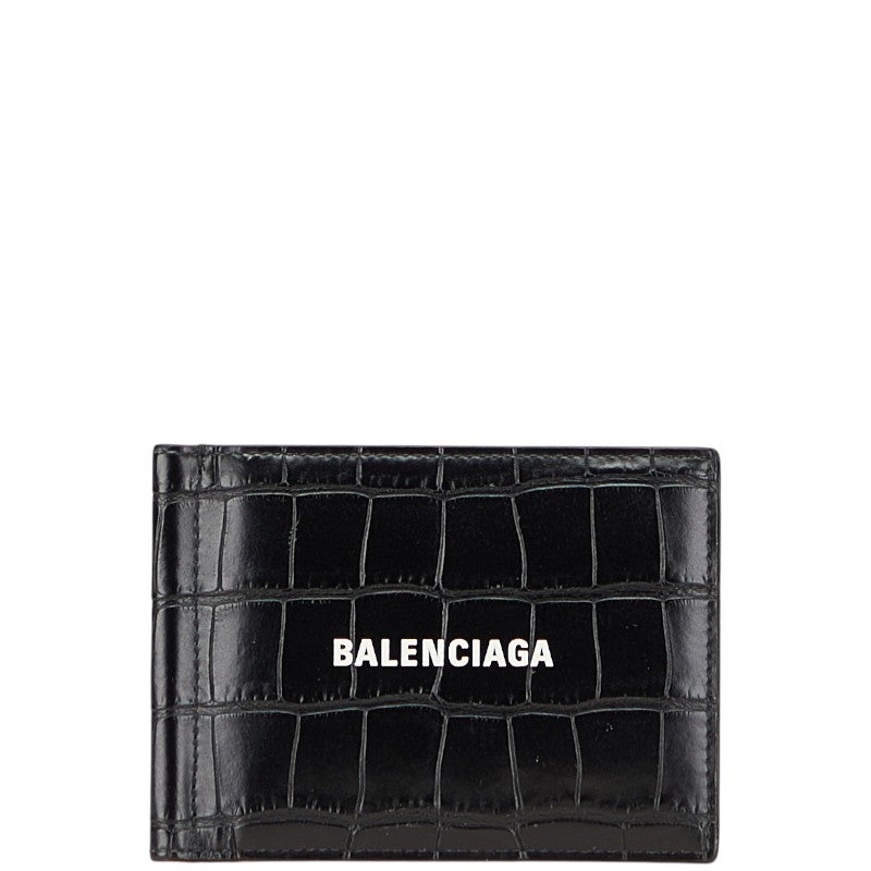 バレンシアガ クロコ型押し キャッシュ スクエアウォレット ビルクリップ 札入れ 二つ折り財布 ブラック レザー レディース BALENCIAGA 【中古】
