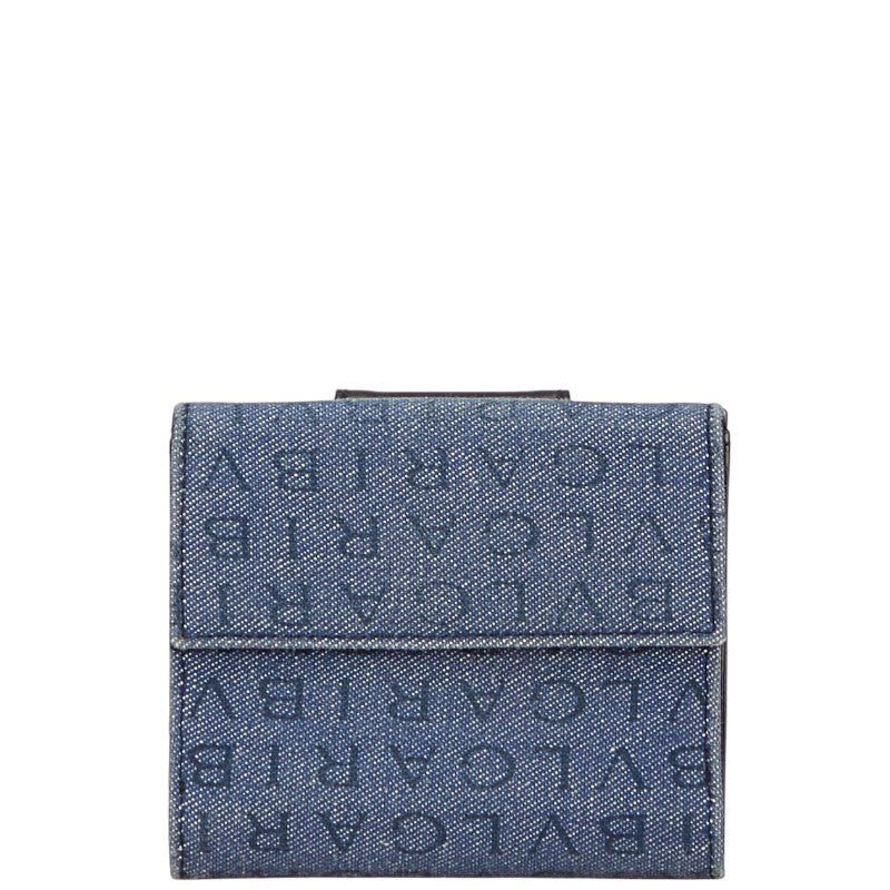ブルガリ ロゴマニア 二つ折り財布 ブルー ブラック デニム レザー レディース BVLGARI 【中古】