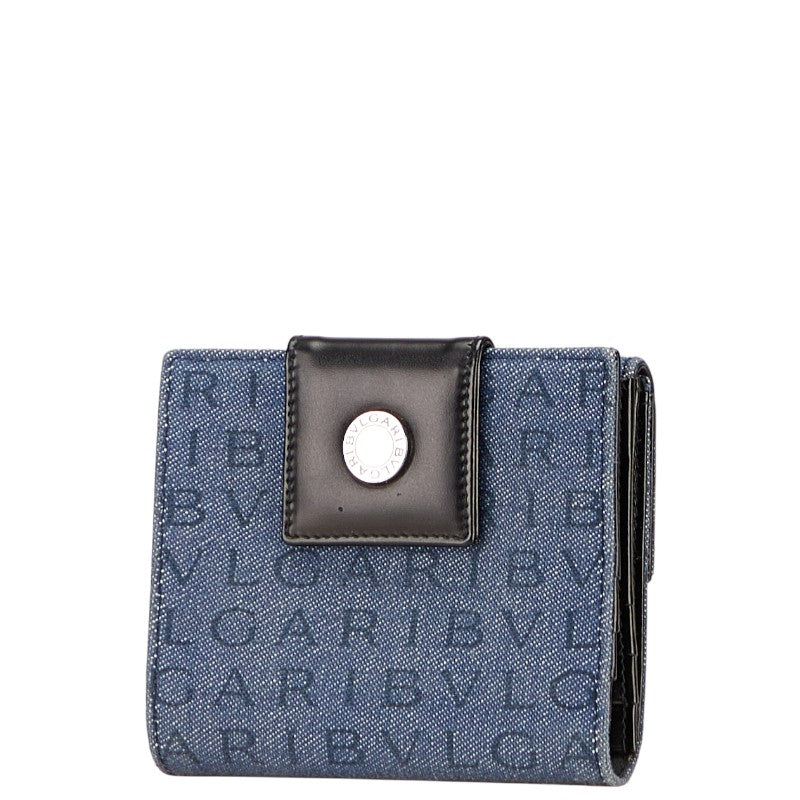 ブルガリ ロゴマニア 二つ折り財布 ブルー ブラック デニム レザー レディース BVLGARI 【中古】