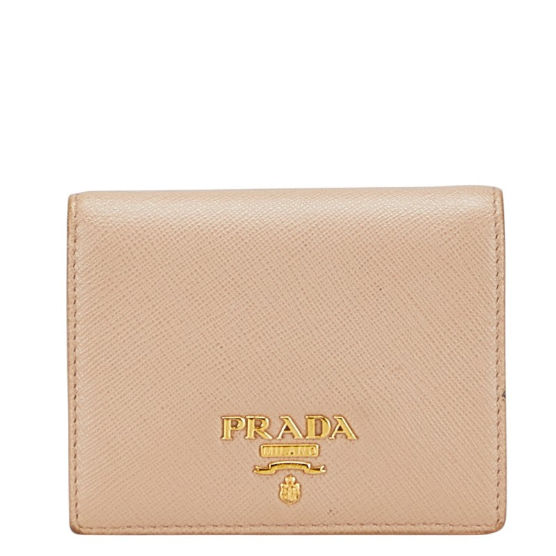 プラダ ロゴ 二つ折り財布 ベージュ レザー レディース PRADA 【中古】