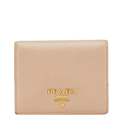 プラダ ロゴ 二つ折り財布 ベージュ レザー レディース PRADA 【中古】
