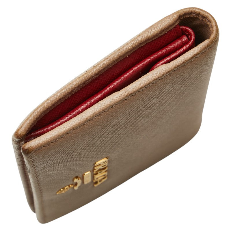 プラダ ロゴ 二つ折り財布 ベージュ レザー レディース PRADA 【中古】