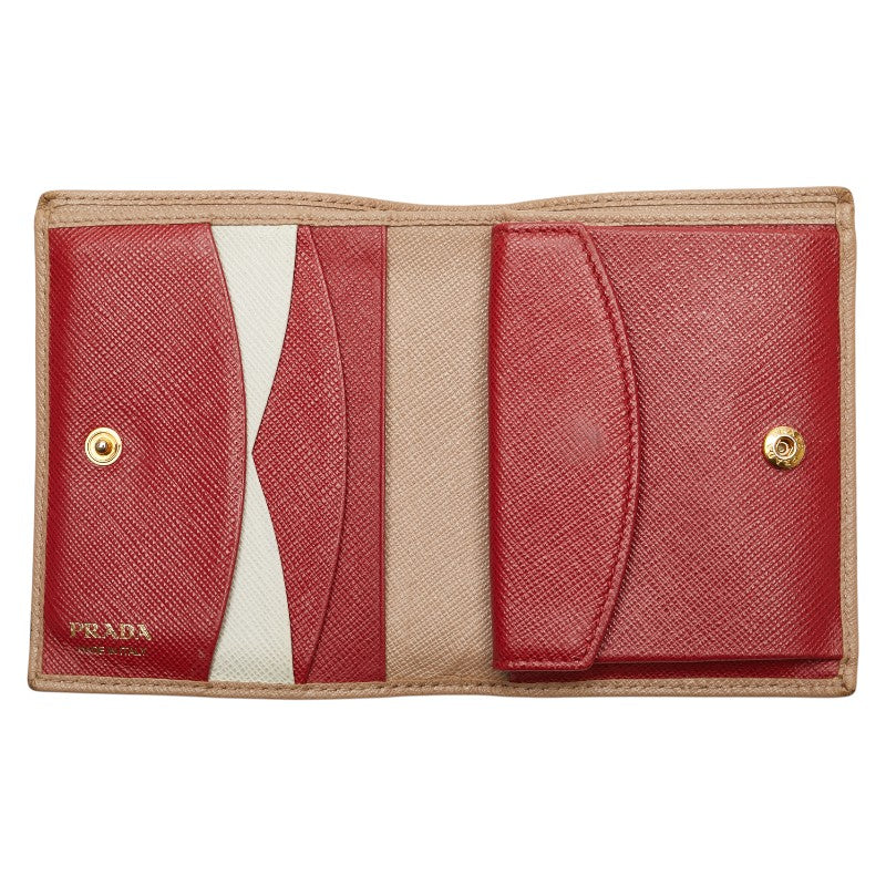 プラダ ロゴ 二つ折り財布 ベージュ レザー レディース PRADA 【中古】