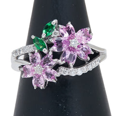 K18WG ホワイトゴールド ダイヤ0.15ct ピンクサファイア1.21ct ガーネット0.14ct 桜 フラワー モチーフ リング 指輪 レディース 11号 【中古】