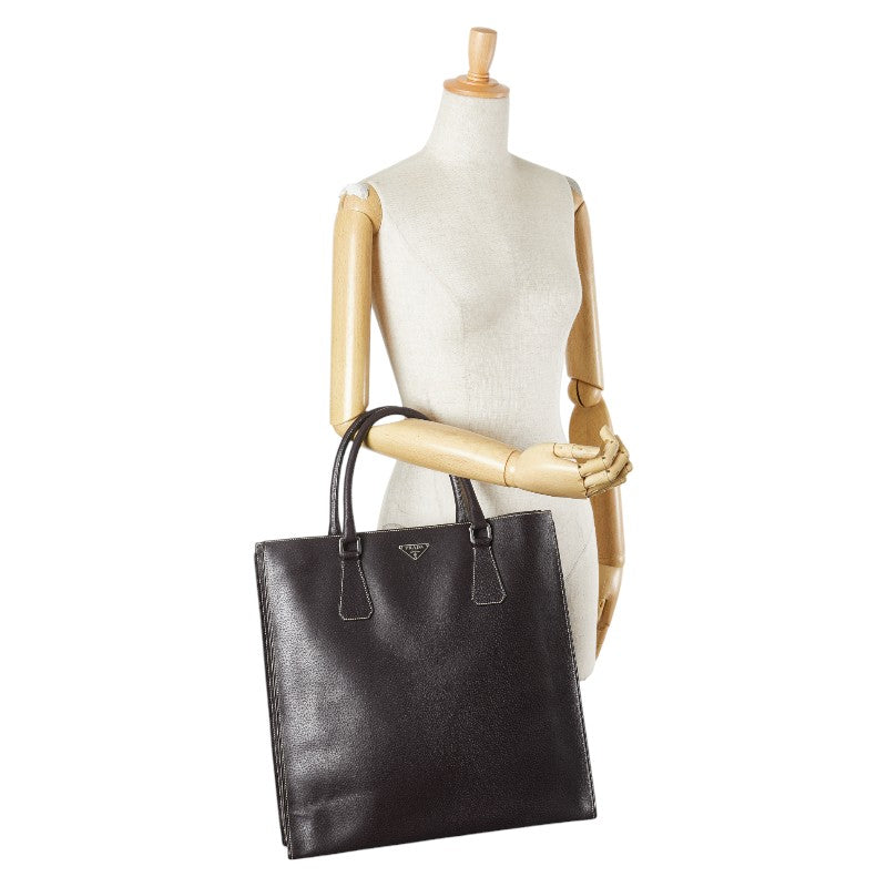 プラダ 三角ロゴプレート トートバッグ ブラック レザー レディース PRADA 【中古】