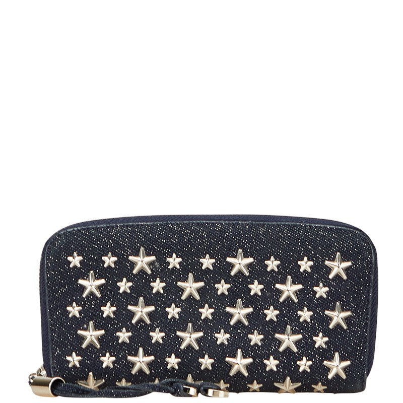 ジミーチュウ スター スタッズ 長財布 ネイビー キャンバス レザー レディース JIMMY CHOO 【中古】