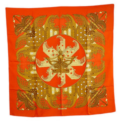 エルメス カレ90 PROUES プロテウス スカーフ オレンジ ゴールド シルク レディース HERMES 【中古】