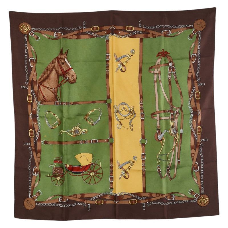 グッチ 馬 馬車 スカーフ ブラウン グリーン イエロー シルク レディース GUCCI 【中古】