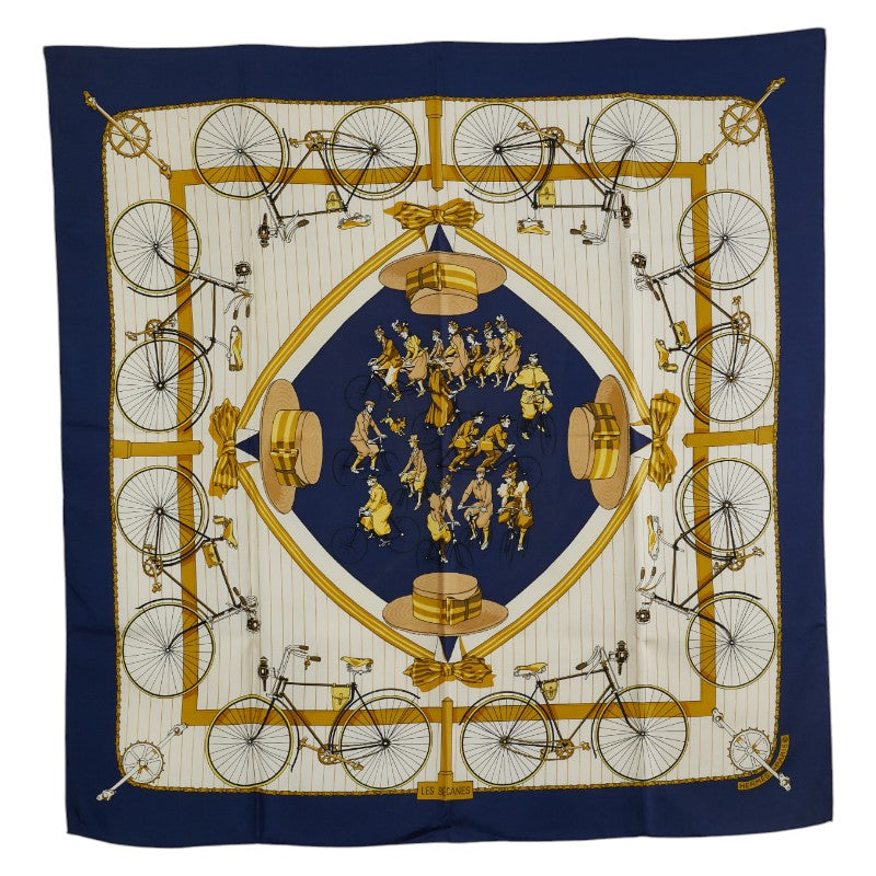 エルメス カレ90 LES BECANES 自転車 スカーフ ホワイト ネイビー マルチカラー シルク レディース HERMES 【中古】