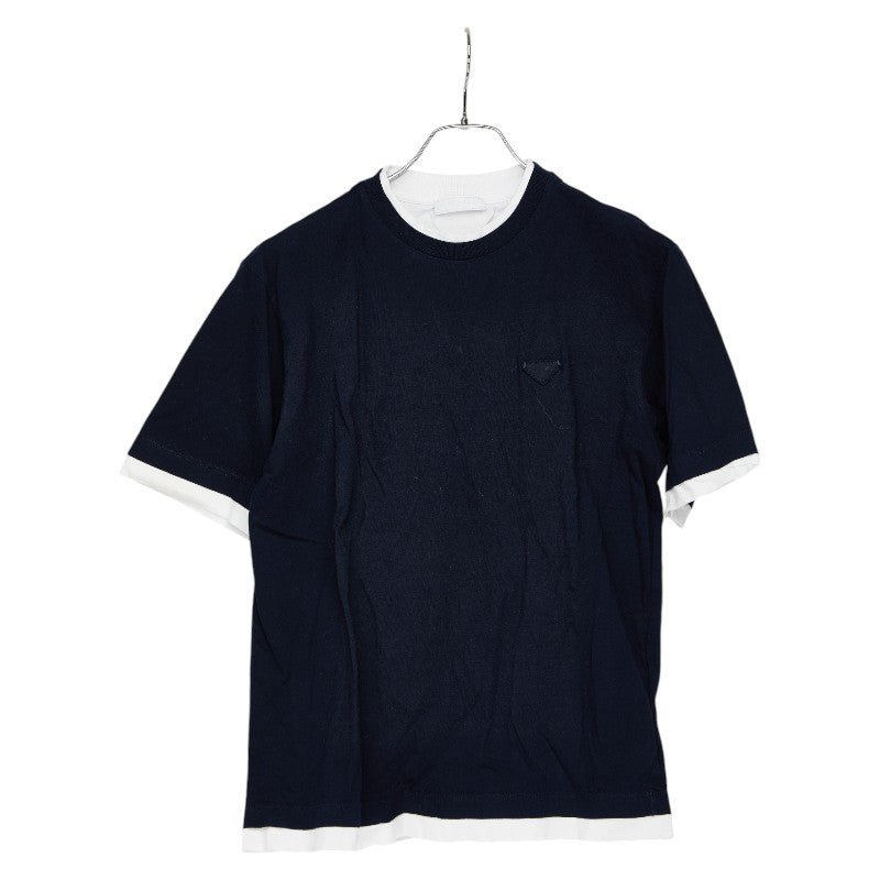 プラダ 25SS 三角ロゴ レイヤード 半袖Tシャツ サイズ:S UJN912 ネイビー ホワイト コットン メンズ PRADA 【中古】