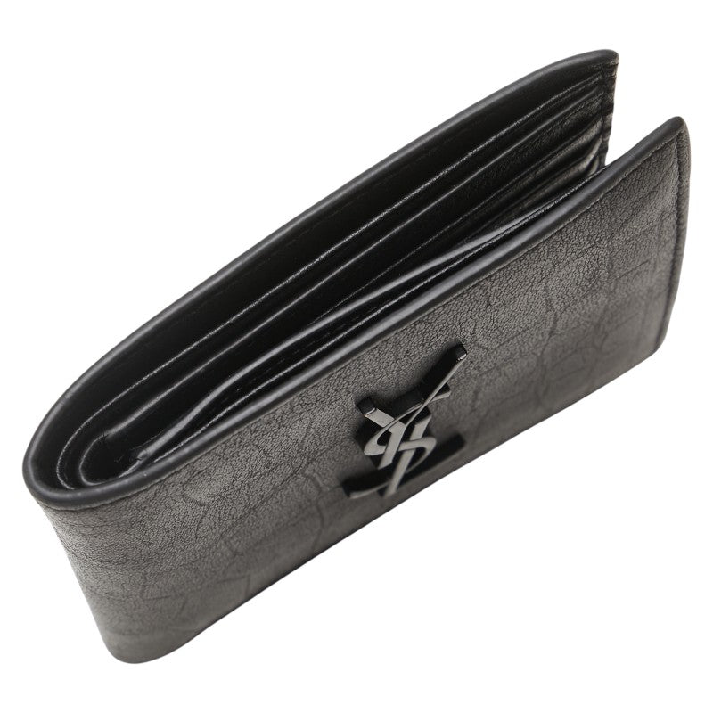 サンローラン YSLロゴ クロコ型押し 二つ折り財布 ブラック レザー レディース SAINT LAURENT 【中古】